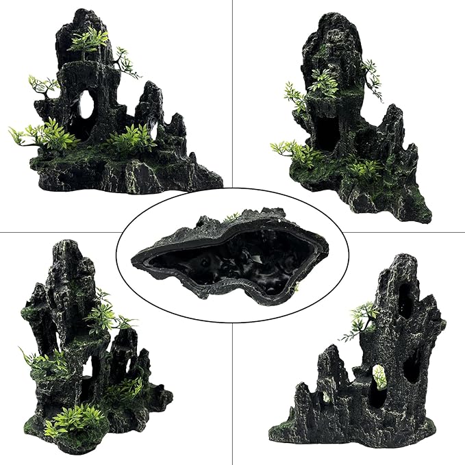 Large and Tall Fish Tank Decorations Aquarium Mountain View Stone Decorations Resin Rock Aquascaping with Hiding Cave, Fish Tank Accessories Aquarium Ornaments with Small Plants (B)