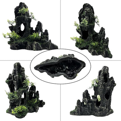Large and Tall Fish Tank Decorations Aquarium Mountain View Stone Decorations Resin Rock Aquascaping with Hiding Cave, Fish Tank Accessories Aquarium Ornaments with Small Plants (B)