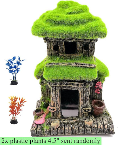 M2cbridge Aquarium Decorations Fish Hideout House Betta Cave with Green Lifelike Moss (Style 3)