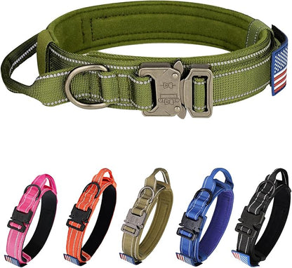 KCUCOP Tactical Dog Collar, Heavy Duty Dog Collar with Handle and Metal Buckle, Military Thick Dog Collars for Medium and Large Dogs(Green-XL-Reflective, 1 Patch)
