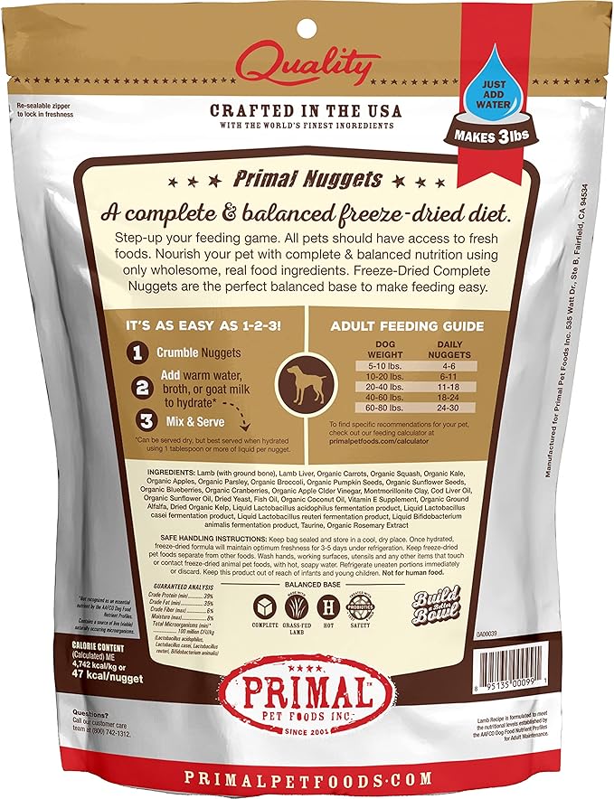 Primal Freeze Dried Raw Dog Food Nuggets, Lamb, Complete & Balanced Meal, Also Use as Topper or Treat, Premium, Healthy, Grain Free, High Protein Raw Dog Food, 14 oz (Pack of 4)