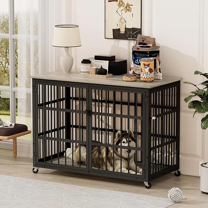 NicBex Dog Crate Furniture Dog Cage with Side Doors Opening, Dog Kennels for Inside Space, Wooden Dog Crate with Iron Doors and Lift Top for Medium and Small Dogs, Grey