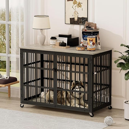 NicBex Dog Crate Furniture Dog Cage with Side Doors Opening, Dog Kennels for Inside Space, Wooden Dog Crate with Iron Doors and Lift Top for Medium and Small Dogs, Grey