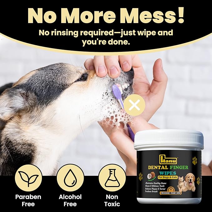 Hanu Dental Finger Wipes for Dogs & Cats - Teeth Cleaning Wipes Removes Bad Breath, Plaque & Tartar - Whitens Teeth Finger Toothbrush Gum Care Wipes - Freshens Breath - Vet-Recommended