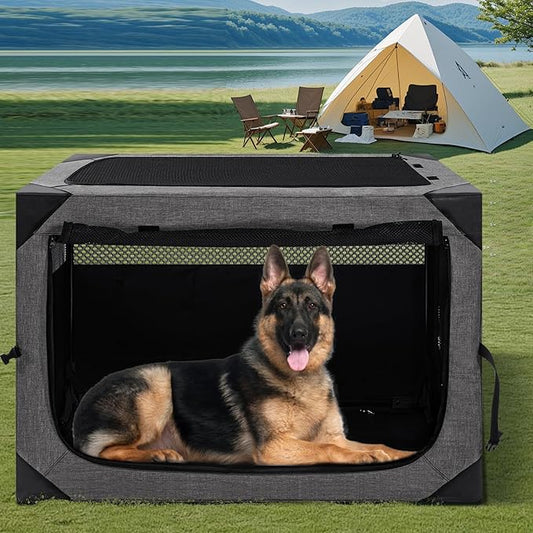 36 Inch Portable Travel Dog Crate, 3 Door Collapsible Soft Pet Kennel with Durable Mesh Windows for Medium Dogs, Foldable Dog Cage with Storage Pocket for Outdoor (Dark Grey)