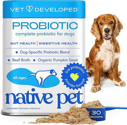 Native Pet Probiotics for Dogs - Dog Probiotics Powder for Digestive Health, Gut Support, & Immune Boost  Vet-Formulated Powder for Maximum Potency with Digestive Enzymes & Prebiotics - 30 Scoops