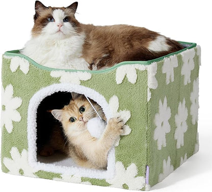 Lesure Indoor Cat Beds Kitten House - Large Cat Cave for Pet Cube with Fluffy Ball Hanging, Foldable Small Animal Hideaway, 16.5x16.5x13 inches, Flower Garden Green