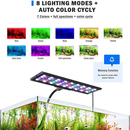 AQQA LED Aquarium Light, 24/7 Mode Clip on Fish Tank Light with Memory Function, DIY Mode Full Spectrum Aquarium Plant Light, Adjustable Timer/Brightness, IP68 Waterproof for 11-16 Inch Fish Tank 11W