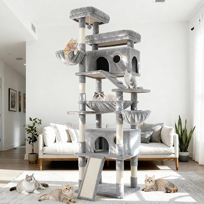Cat Tree, 80-Inch Large Cat Tower with 9 Scratching Posts, 2 Perches, 2 Caves, 2 Basket, 2 Stairs, Extra Large Hammock, Pompoms, Multi-Level Plush Cat Condo for Indoor Cats/Light Grey