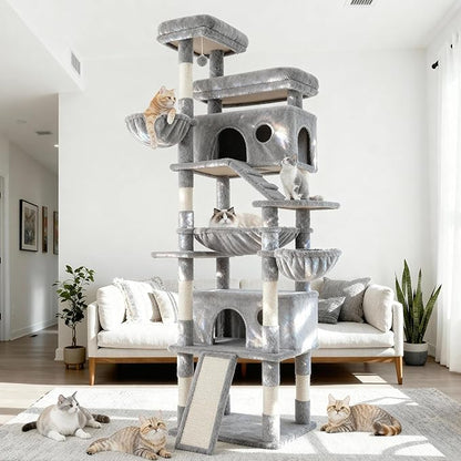Cat Tree, 80-Inch Large Cat Tower with 9 Scratching Posts, 2 Perches, 2 Caves, 2 Basket, 2 Stairs, Extra Large Hammock, Pompoms, Multi-Level Plush Cat Condo for Indoor Cats/Light Grey