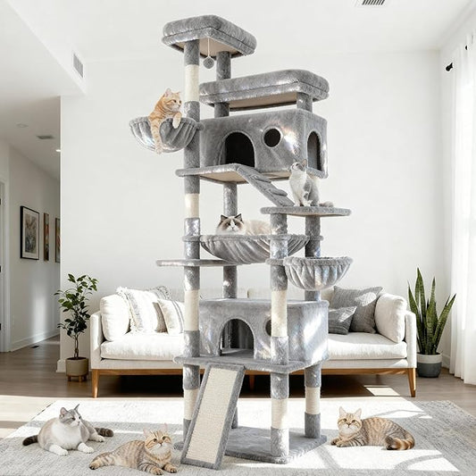 Cat Tree, 80-Inch Large Cat Tower with 9 Scratching Posts, 2 Perches, 2 Caves, 2 Basket, 2 Stairs, Extra Large Hammock, Pompoms, Multi-Level Plush Cat Condo for Indoor Cats/Light Grey