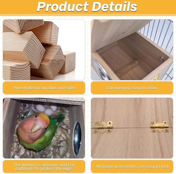 PINVNBY Parakeet Nesting Box Bird House for Cage Wood Mating Box Bird Breeding Box for Lovebirds, Cockatoo, Budgie, Finch, Canary Small and Medium Sized Birds (XL: 13.3 x 7.8 x 7.08 inch)