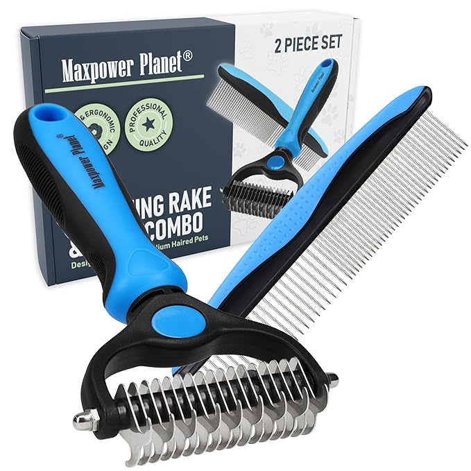 Maxpower Planet Pet Grooming Rake and Dematting Comb for Dogs - Dog Grooming Supplies, Undercoat Rake for Dogs & Cats - Extra-Wide Deshedding Dog Brush & Deshedder Comb for Long Hair - Reduce Shedding