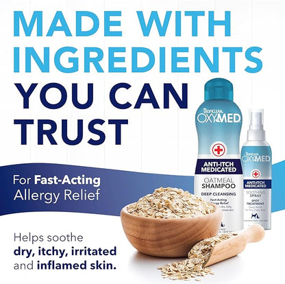 TropiClean Oxymed Cat & Dog Medicated Shampoo for Itchy Skin and Oxymed Medicated Itch Relief Spray Set, Skin Soothing Oatmeal Shampoo for Dogs & Cats | Set of 2