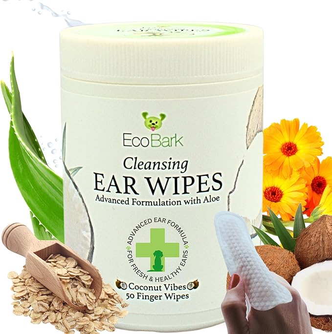 EcoBark Premium Dog Ear Cleaner Finger Wipes- Advanced Ear Finger Wipes for Dogs with Aloe Vera & Chamomile - Gentle Otic -Coconut Scent - Soothe Dog Ear Itching - Cleanse Away Dirt and Debris