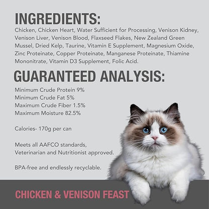 Feline Natural Wet Cat Food Pate, Chicken & Venison Feast, 3 Oz Cans (Pack of 24), Grain Free, Made in New Zealand with Cage-Free Chicken and Grass-Fed Venison