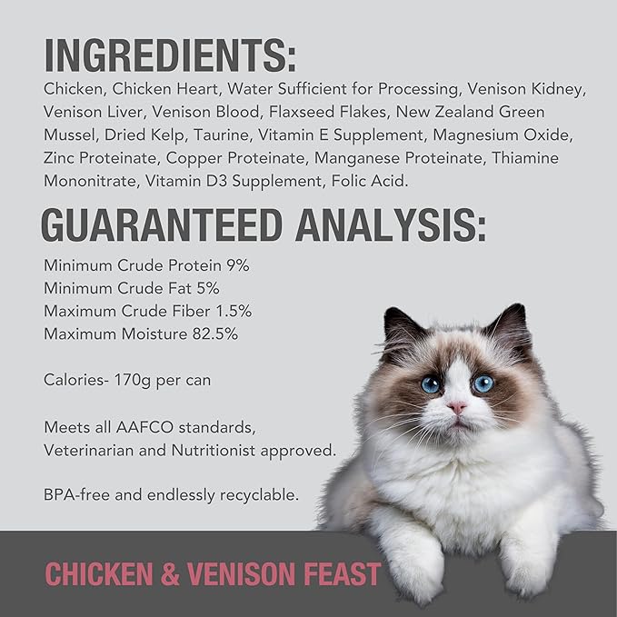 Feline Natural Wet Cat Food Pate, Chicken & Venison Feast, 6 Oz Cans (Pack of 12), Grain Free, Made in New Zealand with Cage-Free Chicken and Grass-Fed Venison