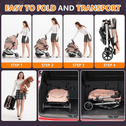 Medium Dog Stroller, Kenyone Pet Stroller for Medium Dogs Up to 55lbs, Lightweight Aluminum Frame, One Click Folding, Large Cat Stroller with No Zip Entry, Detachable Mesh, Multiple Pockets