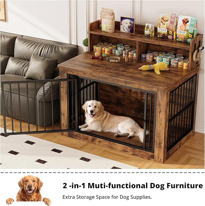 IRONCK Dog Crate Furniture, 43.3 inches Wooden Large Dog Crate with Storage and 4 Hooks, Heavy Duty Pet Crate for Large Dog, Decorative Pet Cage for Indoor (30" L x 43.3" W x 41.1" H)