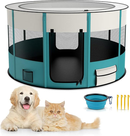 Foldable Playpen for Dogs, 110cm*110cm Waterproof Portable Dog Cat Crate Pet Exercise Kennel Tent, Puppy Kitten Cage with Shade Cover, Indoor House Outdoor Travel Use for Dog, Cat, Rabbit, Large