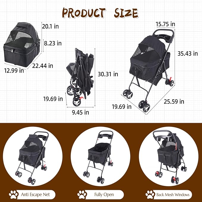 3 in 1 Dog Stroller, 4 Wheels Pet Stroller Dog Cat Stroller for Medium Small Dog Cats Up to 50lbs, Foldable Carrier Jogger Travel Puppy Stroller with Cup Holder & Breathable Mesh, Black