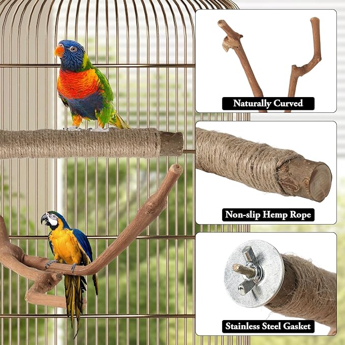REHALY Large Bird Perch Stand, 5PCS Bird Perch Set - Natural Wood Grape Sticks, Paw Grinding Forks, Stand & Toys for Parakeets, Cockatiels, Conure, Budgies, Birds Cage Accessories