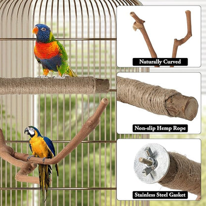 REHALY Large Bird Perch Stand, 5PCS Bird Perch Set - Natural Wood Grape Sticks, Paw Grinding Forks, Stand & Toys for Parakeets, Cockatiels, Conure, Budgies, Birds Cage Accessories