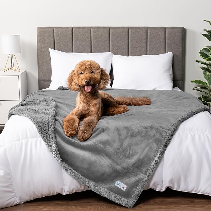PetAmi WATERPROOF Dog Blanket for Bed, XL Dog Pet Blanket Couch Cover Protector, Sherpa Fleece Leakproof Blanket for Crate Kennel Sofa Furniture Queen Bed Protection Reversible Soft 90x90 Light Grey