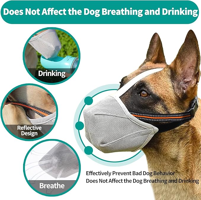 Dog Muzzle - Soft Mesh Muzzle for Small Medium Large Dogs Labrador German Shepherd - Adjustable Puppy Muzzles for Scavenging Biting Licking and Chewing - Allows Panting and Drinking (GreyXS)