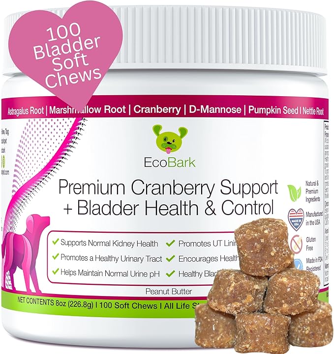 EcoBark Natural Urinary Tract Cranberry Supplements for Dogs - Bladder Health & Kidney Support for Dogs - UTI Relief - Dog Bladder Control Chews - Dog Cranberry Soft Chews for Dog Incontinence Support