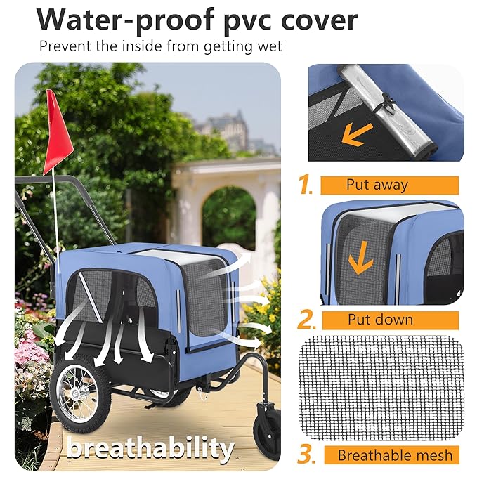 FDW Dog Stroller 2-in1 Dog Bike Trailer Pet Stroller Bicycle Carrier with Hitch Suspension Visibility Flag & Reflectors for Small Medium & Large Dogs (Blue)
