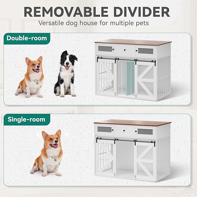 YITAHOME 48" Wooden Dog Crate Furniture with Removable Divider, Large Dog Kennel with Drawers, Double Doors & Locks Design, Dog Crate Furniture TV Stand for Medium Large Dogs