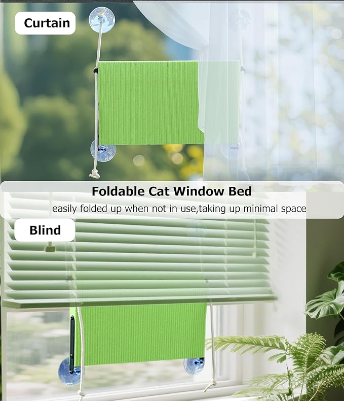 Cat Window Perch for Large Cats,Foldable Hammock with 4 Heavy Duty Suction Cups,Solid Metal Frame,Scratchable Felt Feline Bed for Sunbathing,Napping & Overlooking(Green)