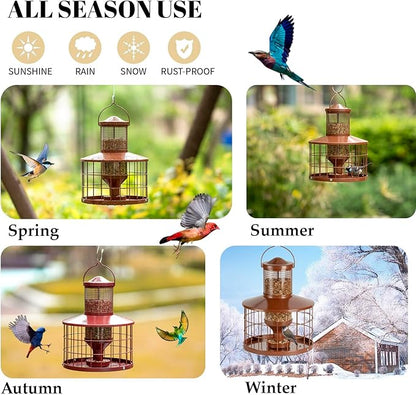 Caged Bird Feeders Squirrel-Proof, Metal, 2.8 Lbs Capacity-Cage Tube Seed Feeders with Tray Outdoor Hanging, Attract Birds,Detachable Cleaning, Starling Proof Wild Bird Feeder（Brown）