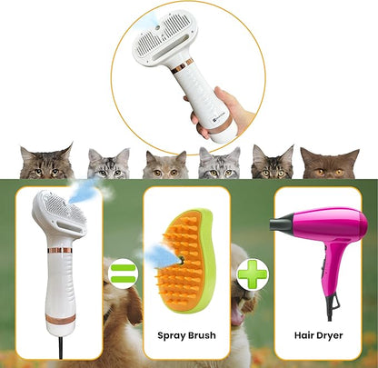 300W Quiet Pet Blow Dryer - Pet Hair Dryer for Small & Medium Dogs and Cats with Removal Comb & Silicone Bath Massage Brush for Home Grooming -Mist/Spray/Steam Brush for Cat & Dog