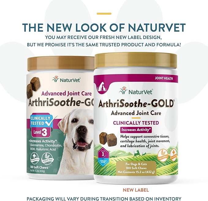 NaturVet ArthriSoothe-Gold Level 3 Advanced Joint Care for Dogs  Soft Chew Dog Supplement with Glucosamine, MSM, Chondroitin & Hyaluronic Acid  Wheat-Free Pet Supplements  180 Ct.