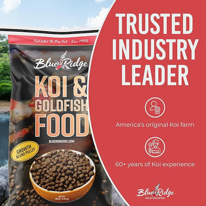 Blue Ridge Koi Fish Food 25lb - Koi Food 3/16” Large and Mini Blend Growth Formula, Goldfish Food, Premium Fish Food for Ponds, Ponds Fish Food, Floating Pond Pellets