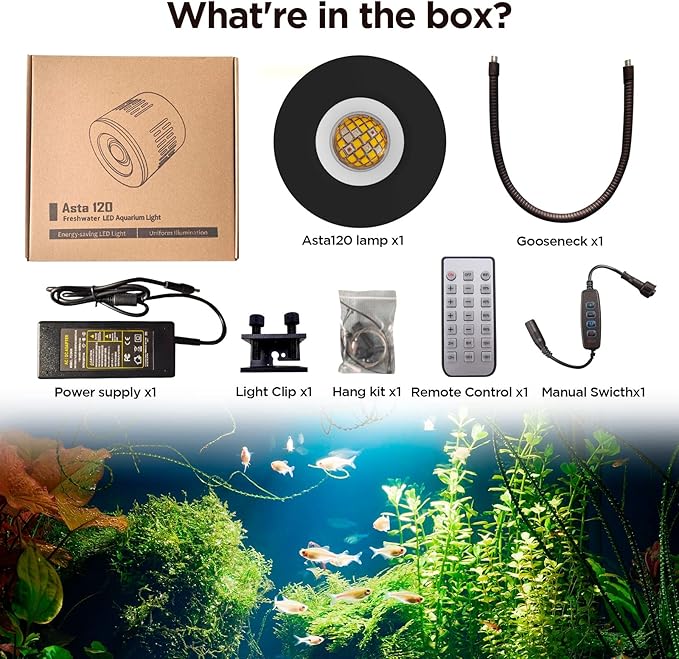 Lominie LED Aquarium Light, Dimmer Remote Control 0-100% Brightness 80W Planted Fish Tank Light Clamp Clip Lamp for Freshwater Refugium Algae Fish Tank with Gooseneck