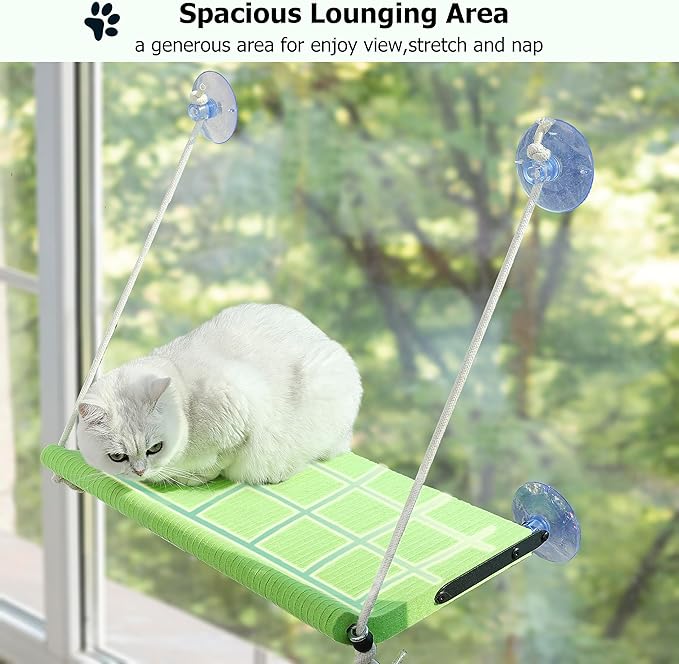 Cat Window Perch for Large Cats,Foldable Hammock with 4 Heavy Duty Suction Cups,Solid Metal Frame,Scratchable Felt Feline Bed for Sunbathing,Napping & Overlooking(Green)