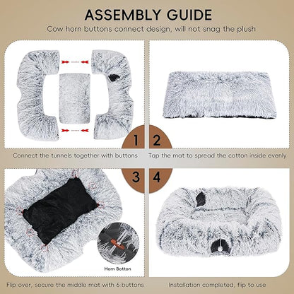 Extra Large Cat Tunnel Bed, 4 Ways Tunnels for Indoor Cats, Multi-cat Family Peekaboo Cave & Cat Bed, Plush Cat Donut with Washable Middle Mat, Exit Balls, Pet Play Toy for Kitten Puppy Rabbit