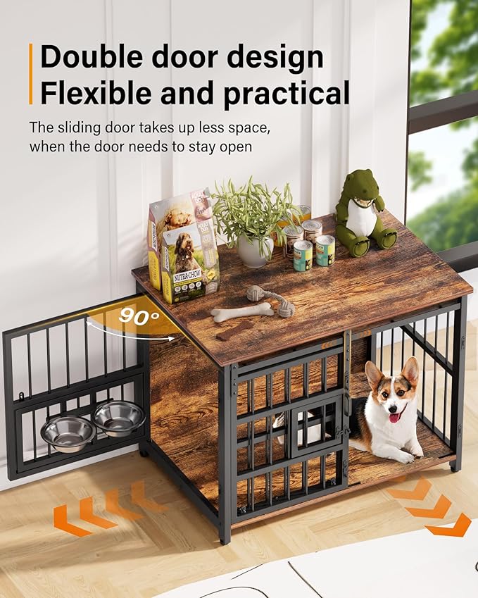 Furniture Dog Crate for Medium Dogs: Interactive Window for Anxiety Dogs, 360°Rotatable & Elevated Bowls, Heavy Duty Wooden Dog Kennel/Cage for Indoor, Double Door with Sliding Door