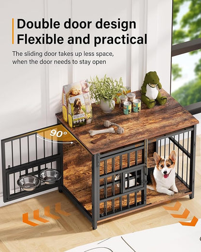 Furniture Dog Crate for Medium Dogs: Interactive Window for Anxiety Dogs, 360°Rotatable & Elevated Bowls, Heavy Duty Wooden Dog Kennel/Cage for Indoor, Double Door with Sliding Door