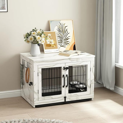 Piskyet Wooden Dog Crate Furniture with 360°Rotatable Removable Dog Bowls, Dog Crate End Table with Tray, Double Doors Dog Kennels for Dogs(M:31.8" L*22.1" W*24.1" H,Marble White)