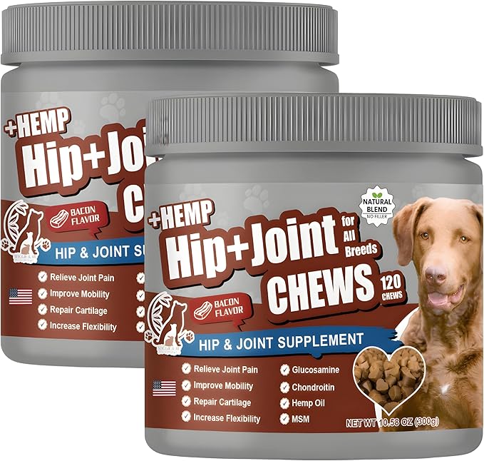 2-Pack Dog Pain Relief Hip and Joint Supplements | Glucosamine for Dogs 600mg | Organic Hemp Seed Powder/Oil 650mg | Chondroitin, MSM, Turmeric, Vitamins C & E+ | 240 Bacon Mobility Supplements