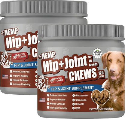 2-Pack Dog Pain Relief Hip and Joint Supplements | Glucosamine for Dogs 600mg | Organic Hemp Seed Powder/Oil 650mg | Chondroitin, MSM, Turmeric, Vitamins C & E+ | 240 Bacon Mobility Supplements