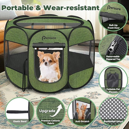 Dog Cat Playpen Indoor Outdoor for Puppy Pet Dog Cat Recovery After Surgery, Dog Tent Crates Cage Indoor/Outdoor, Portable Pop Up Dog Kennel with Carrying Case for Travel (Premium Green, Small)