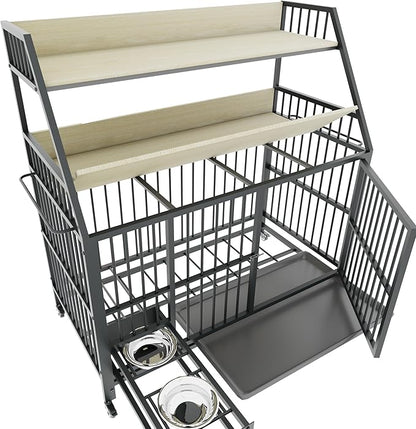 KEIKI 47 Inch Dog Crate Furniture for Large Medium Dogs, with Storage Shelves and Bowls, Indoor Dog Cage with 360° Caster Wheels & Flip-top Plate, Beige