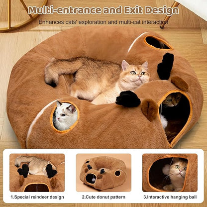 Odoland Reindeer Cat Tunnels Bed with 20 Kitten Toys for Indoor Cats, Plush Cats Couch Tunnel Bed - Kittens Cave Donut Tunnel - Detachable Soft Cat Bed and Variety Kitty Toy Set