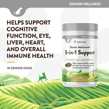 NaturVet Senior Advanced 5-in-1 Support Dog Supplement – Helps Support Immune System, Heart, Liver, Cognitive Function, Eye Health – Includes Ginkgo Biloba, Lutein – 60 Ct.