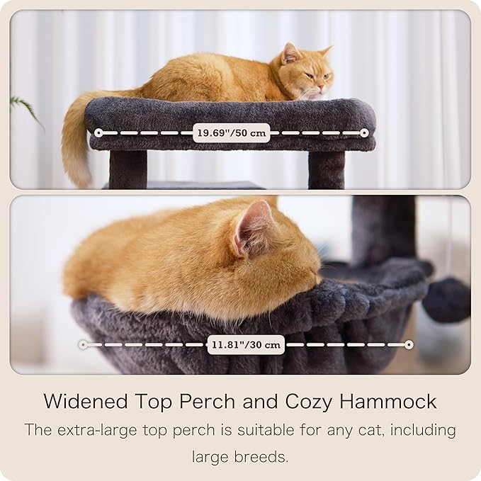 Ouritsu Cat Tree, 35 inch Cat Tower for Large Cat Indoor, 1 Widened Top Perch, 2 Enlarged Condos, Fluffy Basket, Scratching Posts and Ramp, Dark Gray, MF002DG